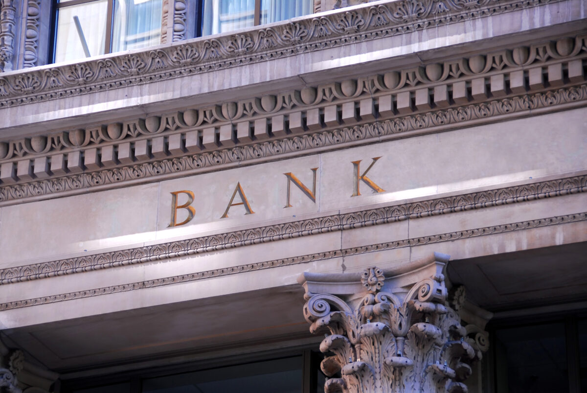 Old building with letters bank on it