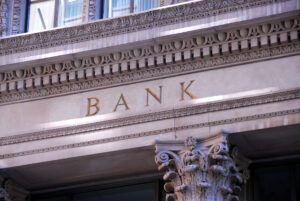 Old building with letters bank on it
