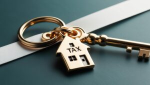 A golden keychain with a house-shaped tag labeled "TAX," symbolizing homeownership and tax responsibilities.