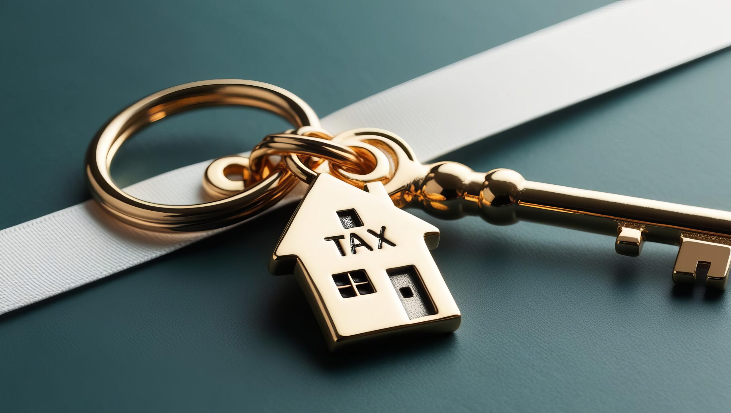 A golden keychain with a house-shaped tag labeled "TAX," symbolizing homeownership and tax responsibilities.