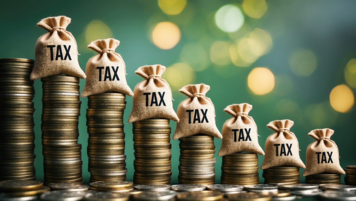 Government income tax collection concept shows tax burlap bags arranged on ascending coins, representing the imposition of taxes aimed at generating revenue to support governance or modify prices