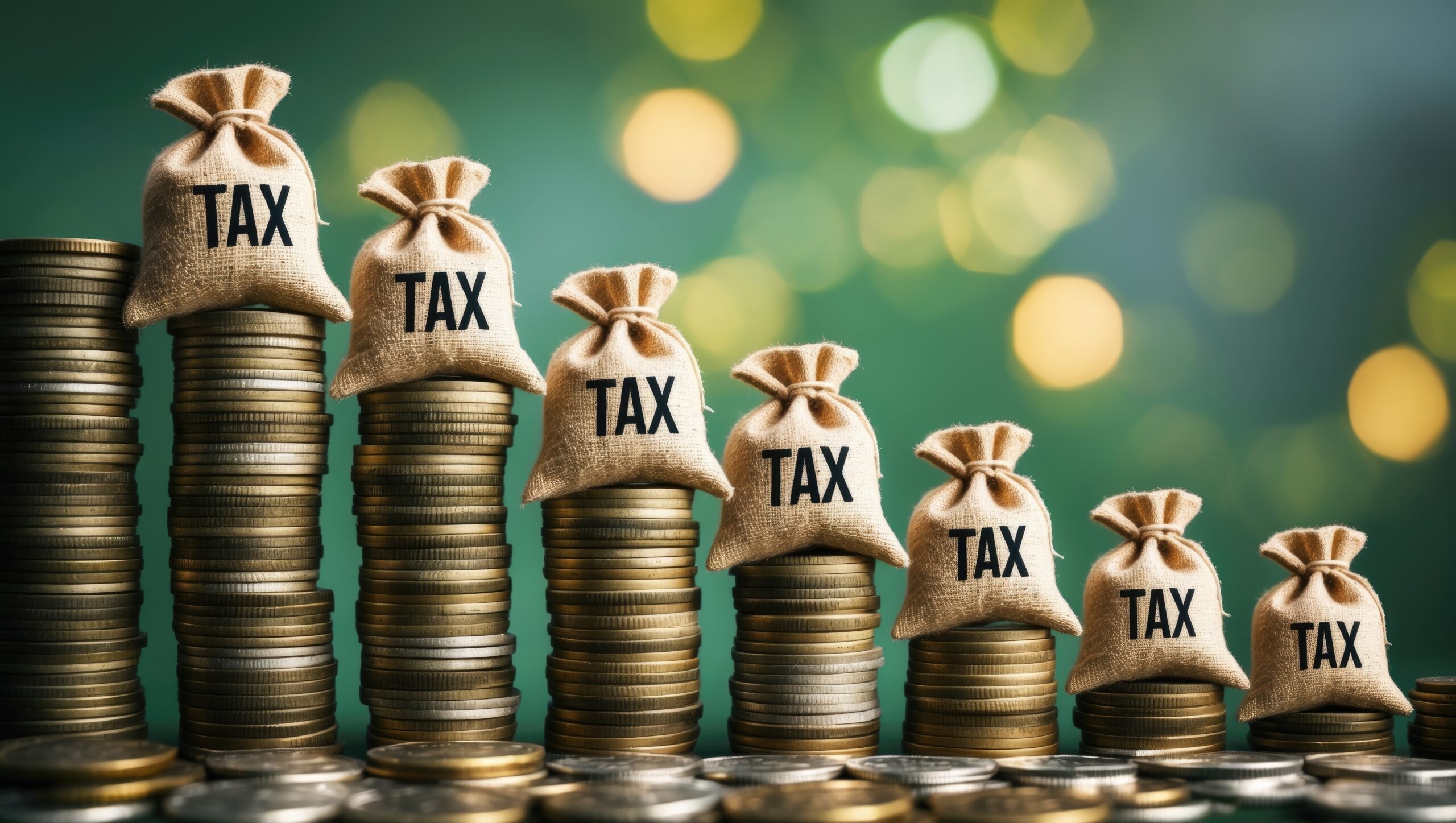 Government income tax collection concept shows tax burlap bags arranged on ascending coins, representing the imposition of taxes aimed at generating revenue to support governance or modify prices