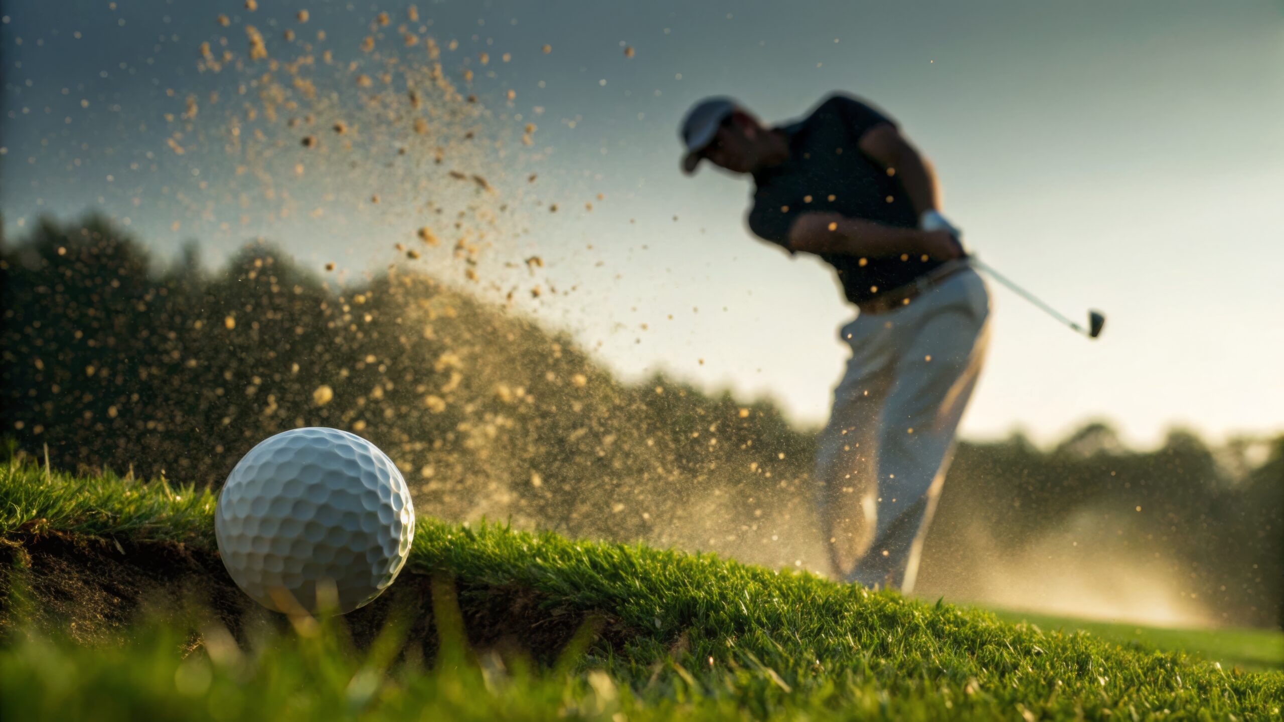 A dramatic close-up of a golf ball in mid-air after a swing capturing the excitement of the game.