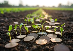 Growing Seeds & Coins Financial Investment in Agriculture, Sustainable Growth Concept.