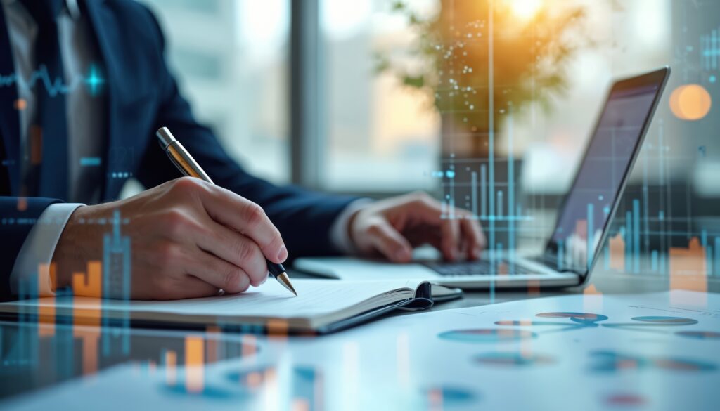 Business analyst writes in notebook, works on laptop, analyzes financial data, charts, diagrams. Financial planning, investment, budget, banking. Economic growth company success concept.