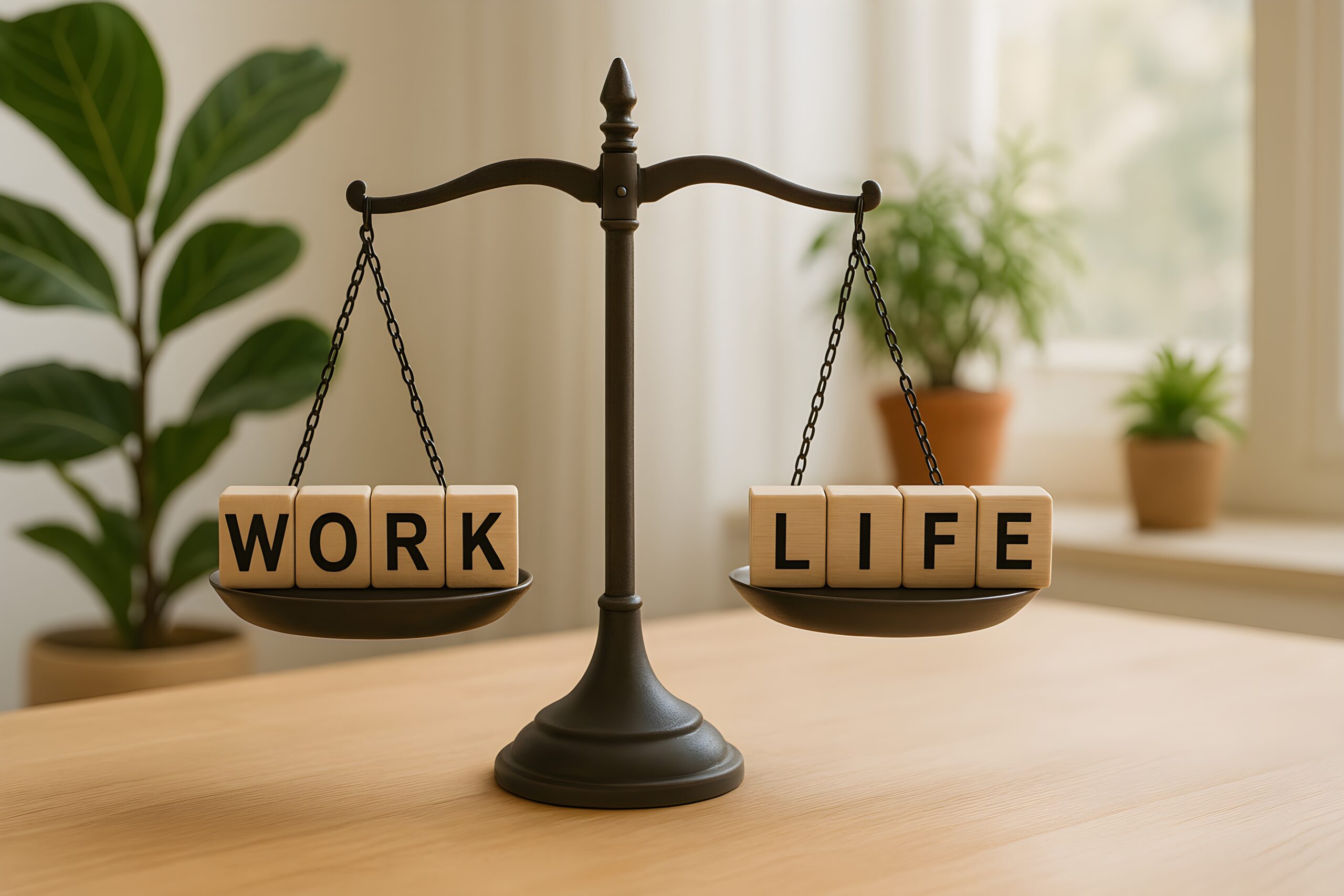 Work life balance concept with scale and wooden blocks, symbolic of time management, mental health, wellbeing, personal responsibility and lifestyle harmony.