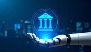 Robot Hand Holding Bank Icon: Futuristic Finance and Technology