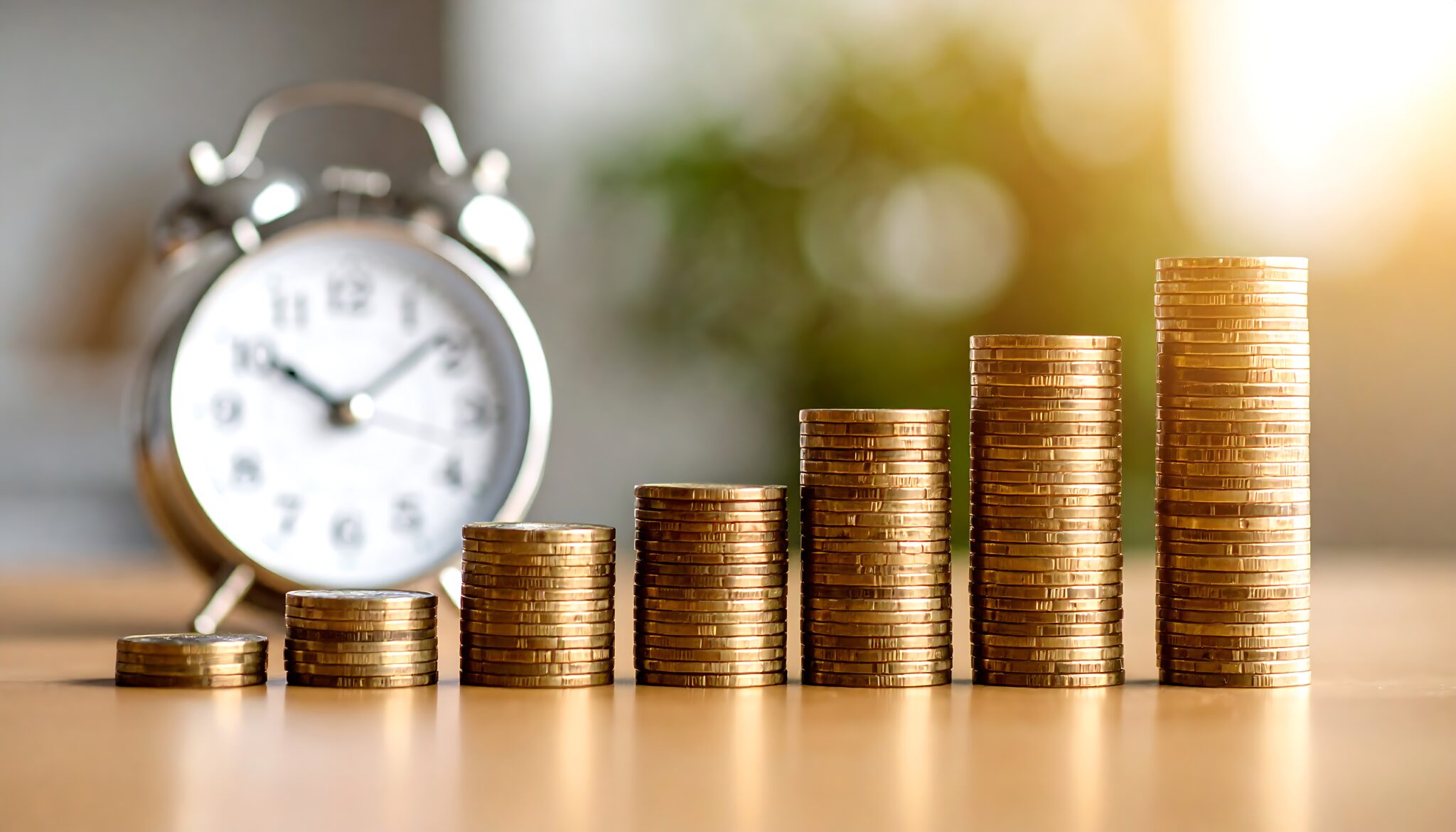 Coins stacked in upward trend, beside a clock