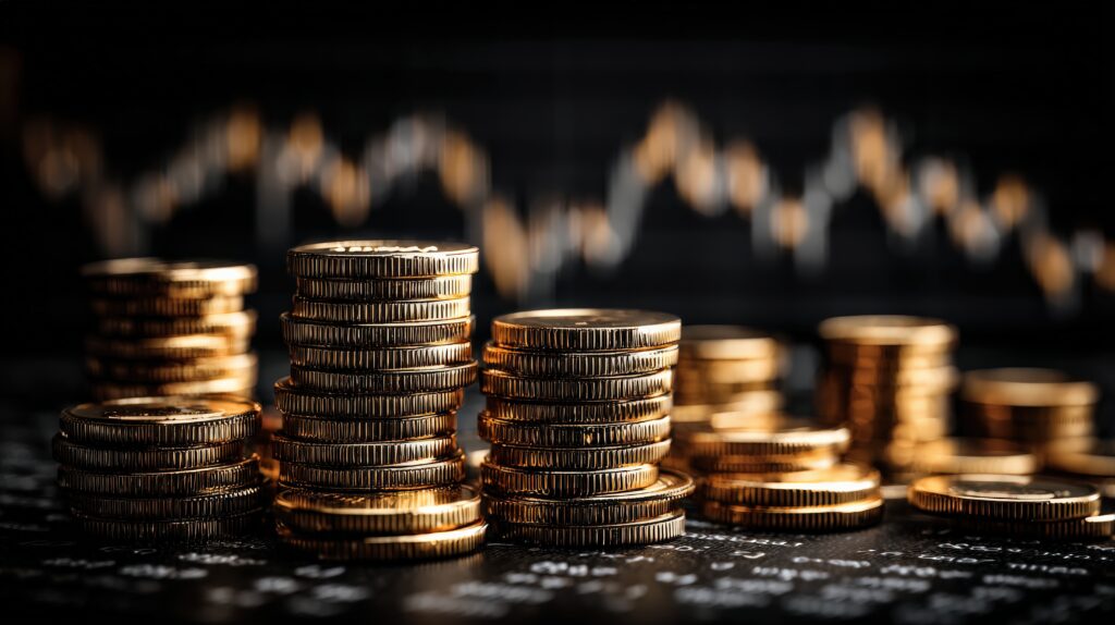 Financial fortitude, represented by stacks of gold coins, is a metaphor for the market's intricate dance, reflecting the ebb and flow of financial trends.