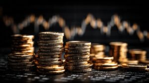 Financial fortitude, represented by stacks of gold coins, is a metaphor for the market's intricate dance, reflecting the ebb and flow of financial trends.