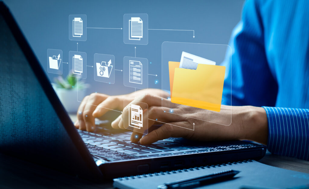 Document Management System concept. Enterprise content management, Digital asset management, Document imaging, Workflow, Records management, Online document file data software for efficient archiving.