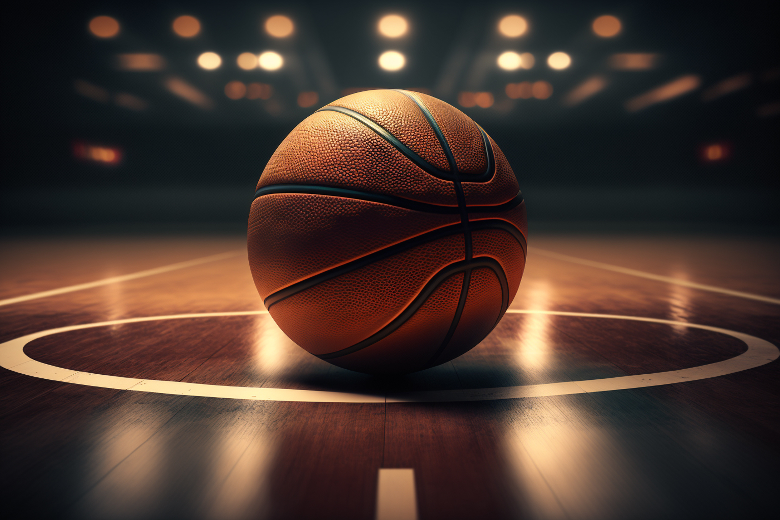 Ball on basketball court with spotlights , Basketball arena