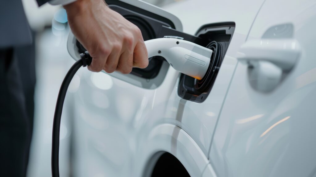 Close-up of hand plugging electric car charger into vehicle, electric mobility concept, detailed view