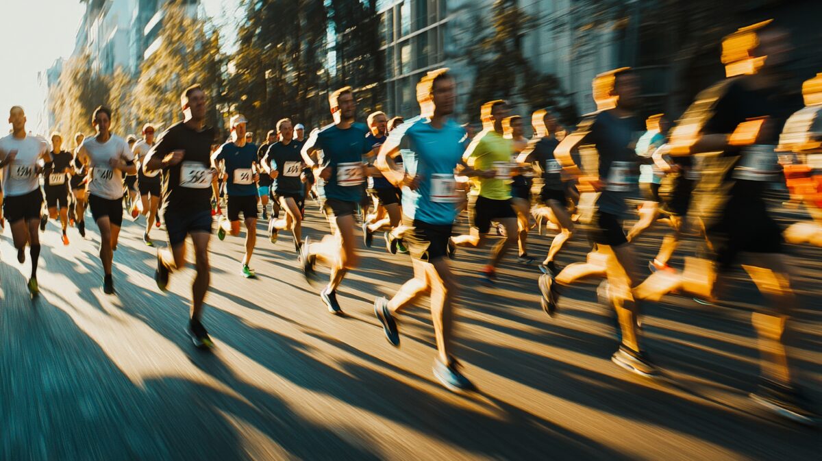 Energetic group of professionals running a charity marathon, enthusiastic and dedicated. Non-profit organizations, fitness events, community programs.